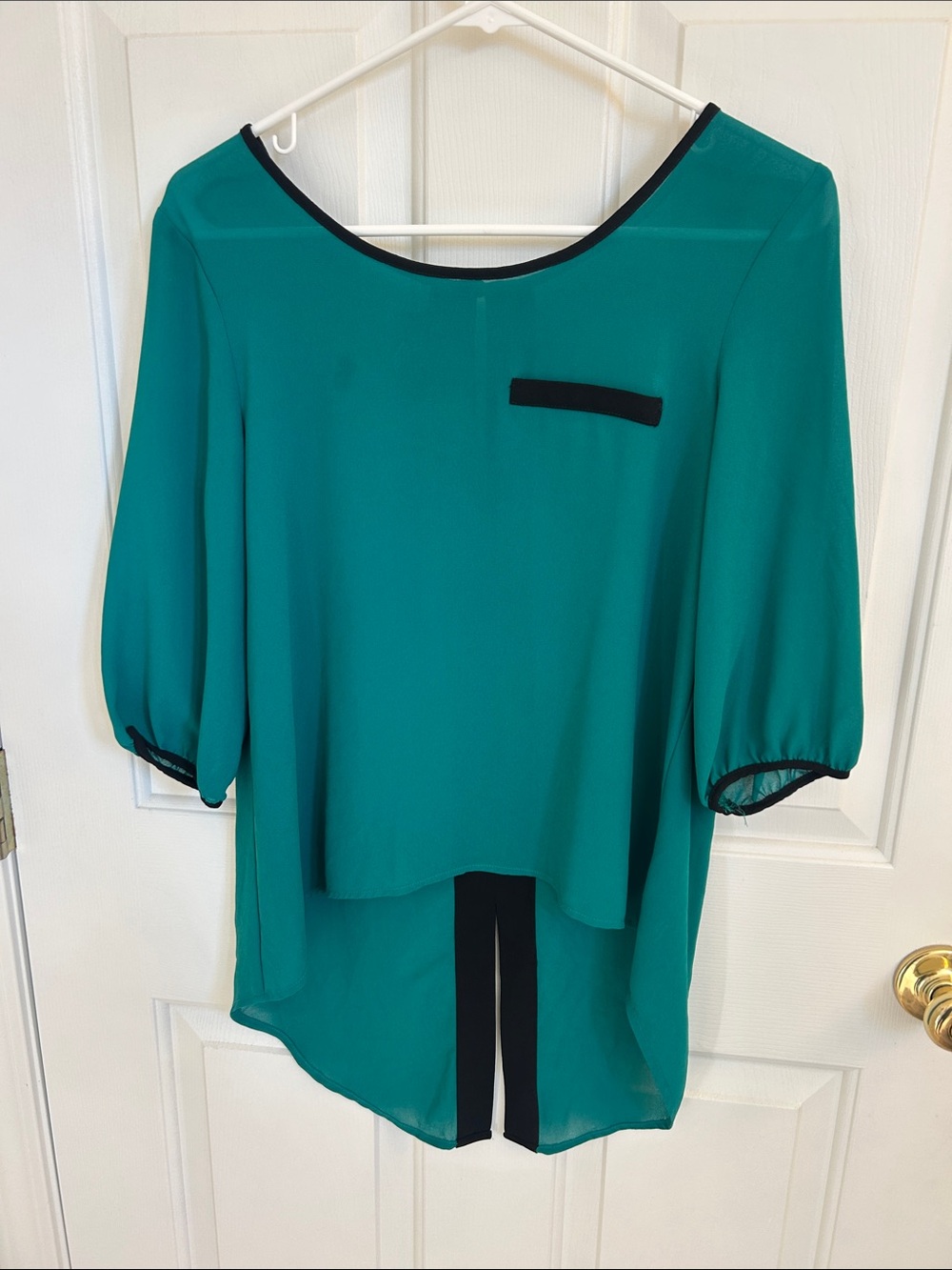 BCX Teal High-Low Blouse with Black Trim